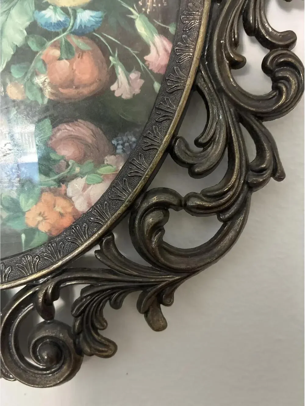 Vintage Made in Italy Floral Wall Art, Convex Bubble Glass Frame Ornate
